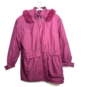 MonteNapoleone Winter Coat Purple Faux Fur Hooded Womens M Medium Vintage FLAW